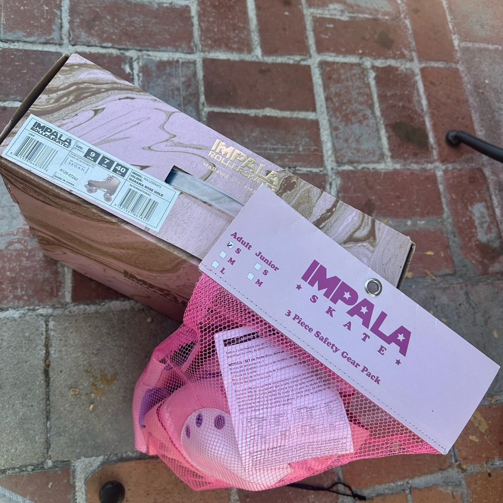 Impala rollerskate rose gold size 9 with safety gear